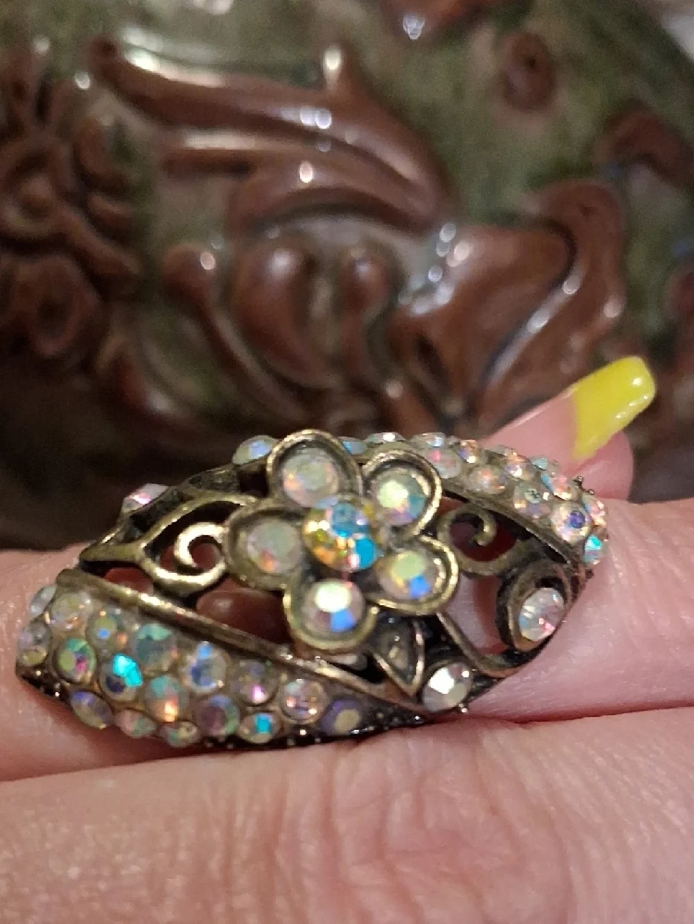 Aurora Crystal Flower Statement Ring - Vintage Gold Tone